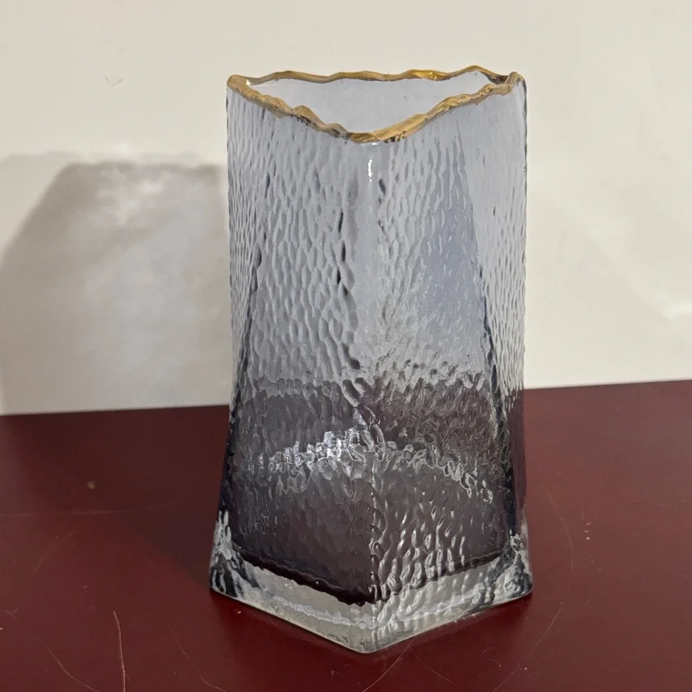Nordic Hammered Gray Glass Vase Gold Rim 6.5” Tall 5.25